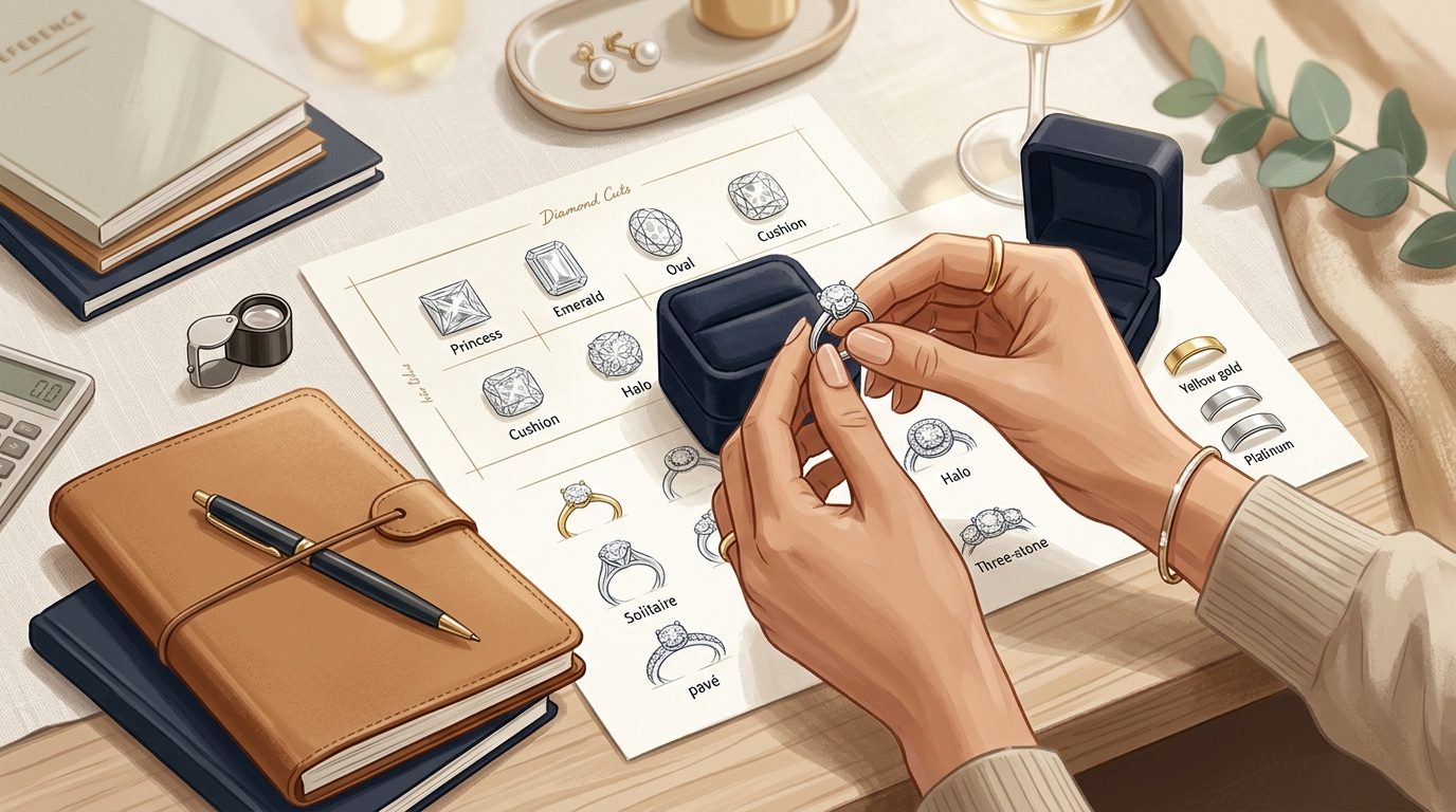 Complete Guide to Choosing an Engagement Ring: Cuts, Settings & Budget 2026 — cover illustration